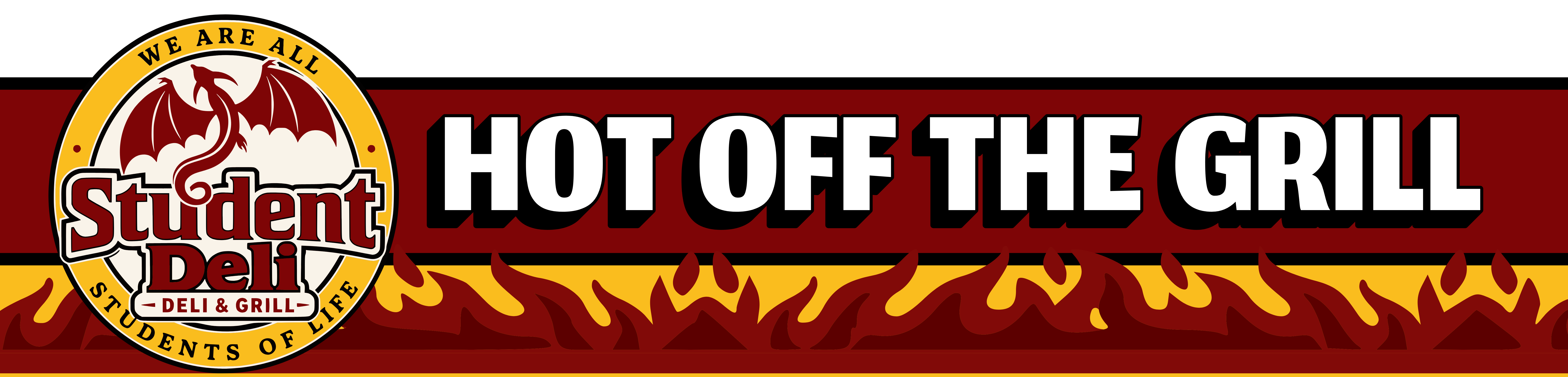 Student Deli Hot Off the Grill artwork with burgundy flames